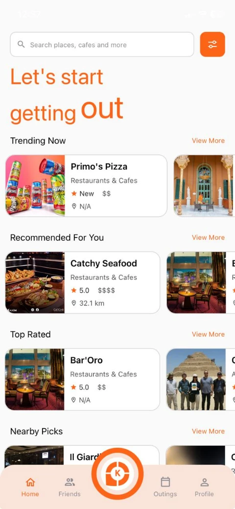 The KARAR discover screen, with trending places, recommendations and top-rated venues nearby.