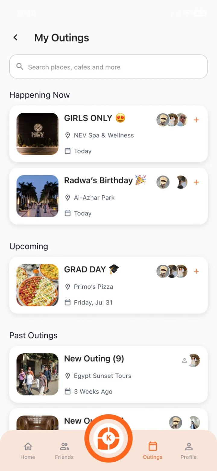 The KARAR outings screen, showing what is happening now and what is coming up.